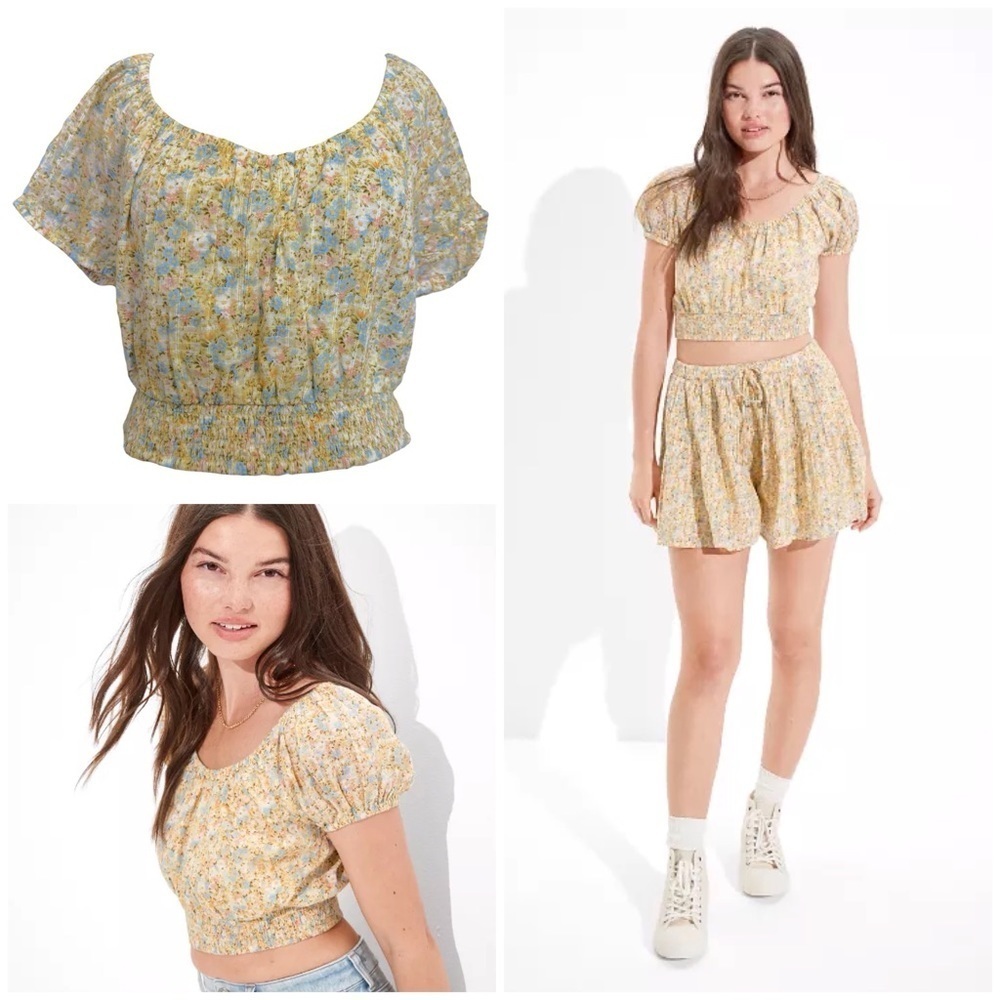 American Eagle Floral Bubble Sleeve Crop Top Smocked Size Large Smocked